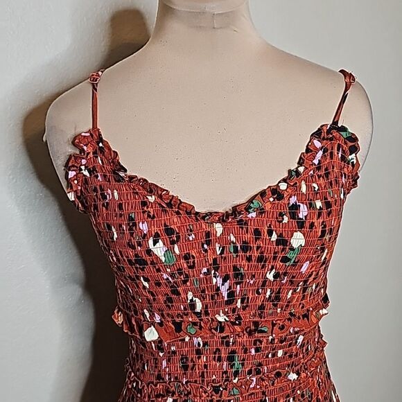 Karlie Medium Abstract‎ Leopard Cami Dress Rust Smocked ruffle hem - Picture 2 of 8